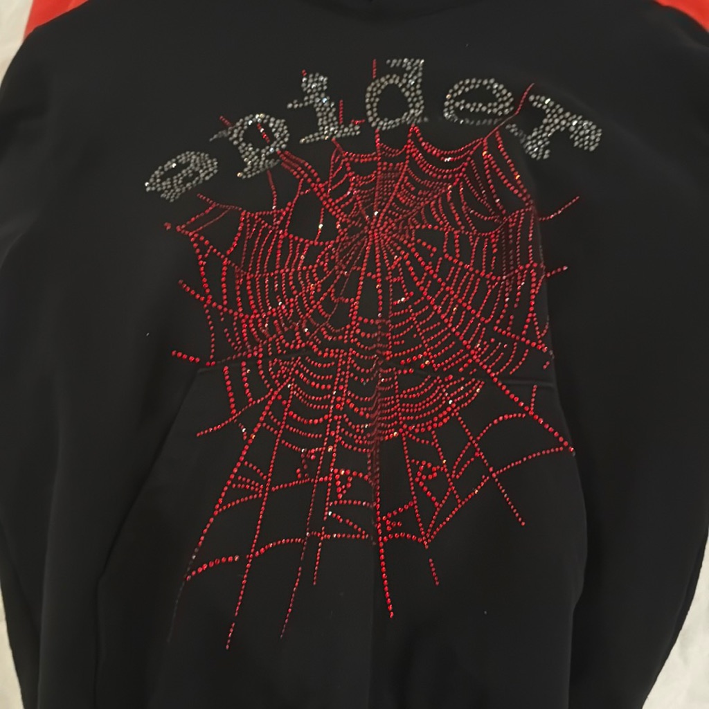 Red Black Rhinestone Sp5der Hoodie Size Medium